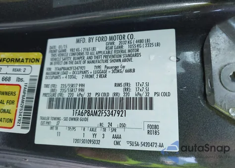 2015 Ford Mustang z USA, uszkodzony, nr VIN 1FA6P8AM2F5347921